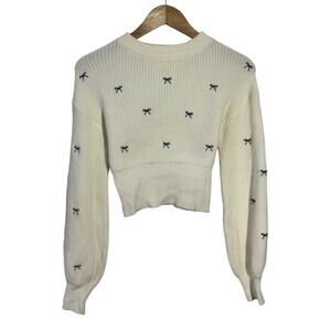 Altar'd State Valerie Bow cropped Long Sleeve Sweater Women S Cream Coquette Top